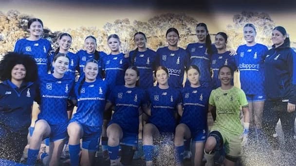 Sydney Olympic FC U18 Girls 2026 squad team photo, with Greenwood Finance printed across the front of the jerseys.